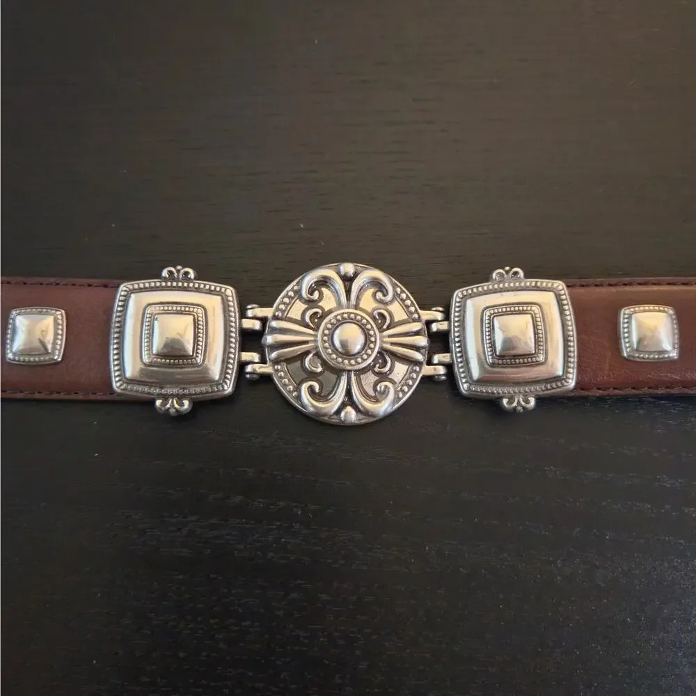 Western Brown Leather Belt Silver Tone Inset Concho Medallion Hardware M Fossil